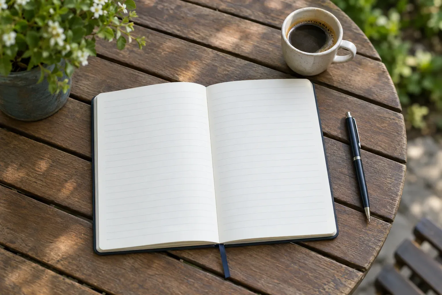 Caderno aberto sobre uma mesa de madeira, com uma caneta e uma chávena de café.