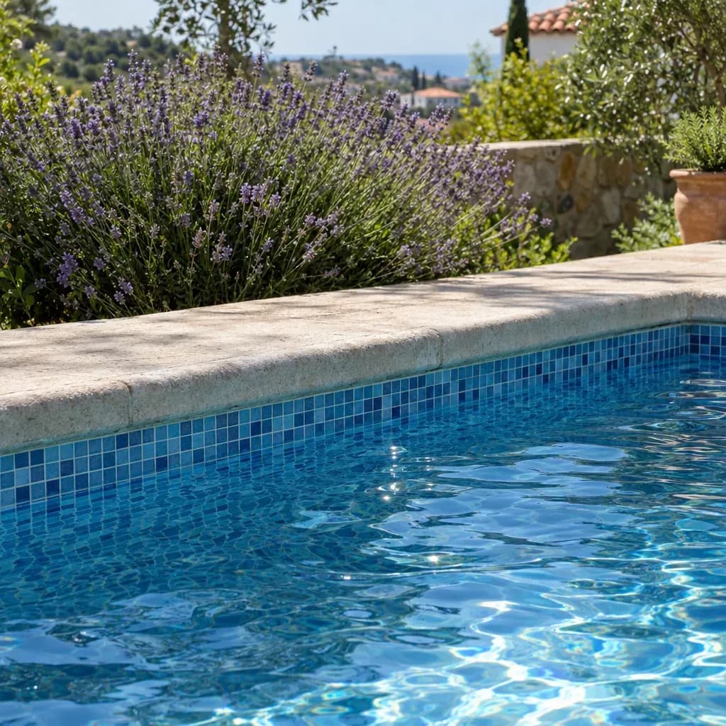 Borda de pedra clara de uma piscina, com mosaico azul sob a linha da água e alfazema ao fundo.