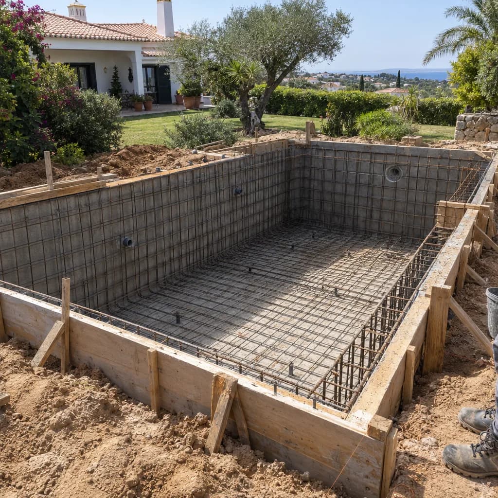 Piscina em obra, com paredes e fundo de betão armado e cofragem de madeira, num jardim com oliveira.