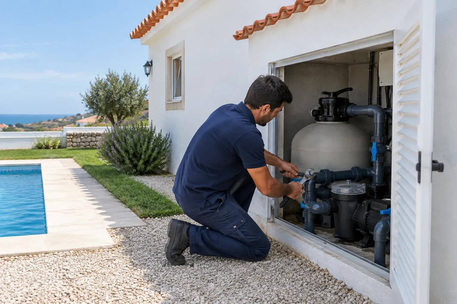 Técnico de piscinas, de camisola azul-escura, a ajustar uma ligação junto à parede caiada de uma moradia.