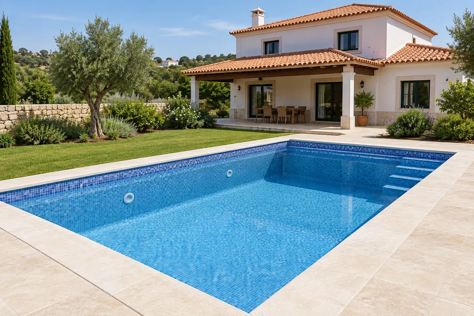 Piscina retangular acabada, com friso de azulejo azul, num jardim de uma moradia.