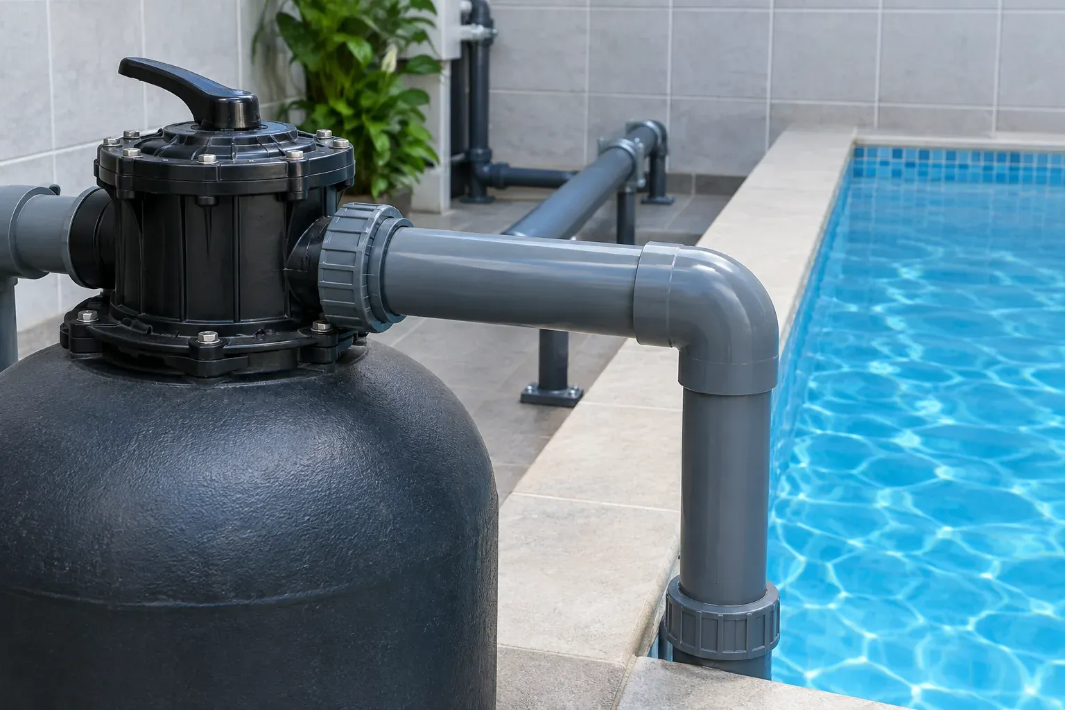 Pormenor do filtro e de uma tubagem cinzenta junto à borda de uma piscina com água azul.