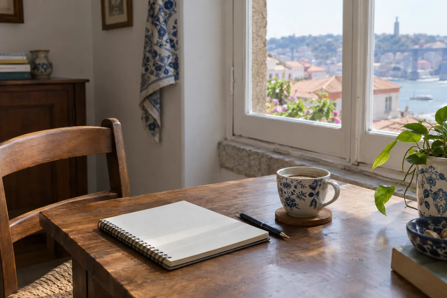 Secretária de madeira junto a uma janela, com um caderno, uma chávena de café e vista para a cidade.