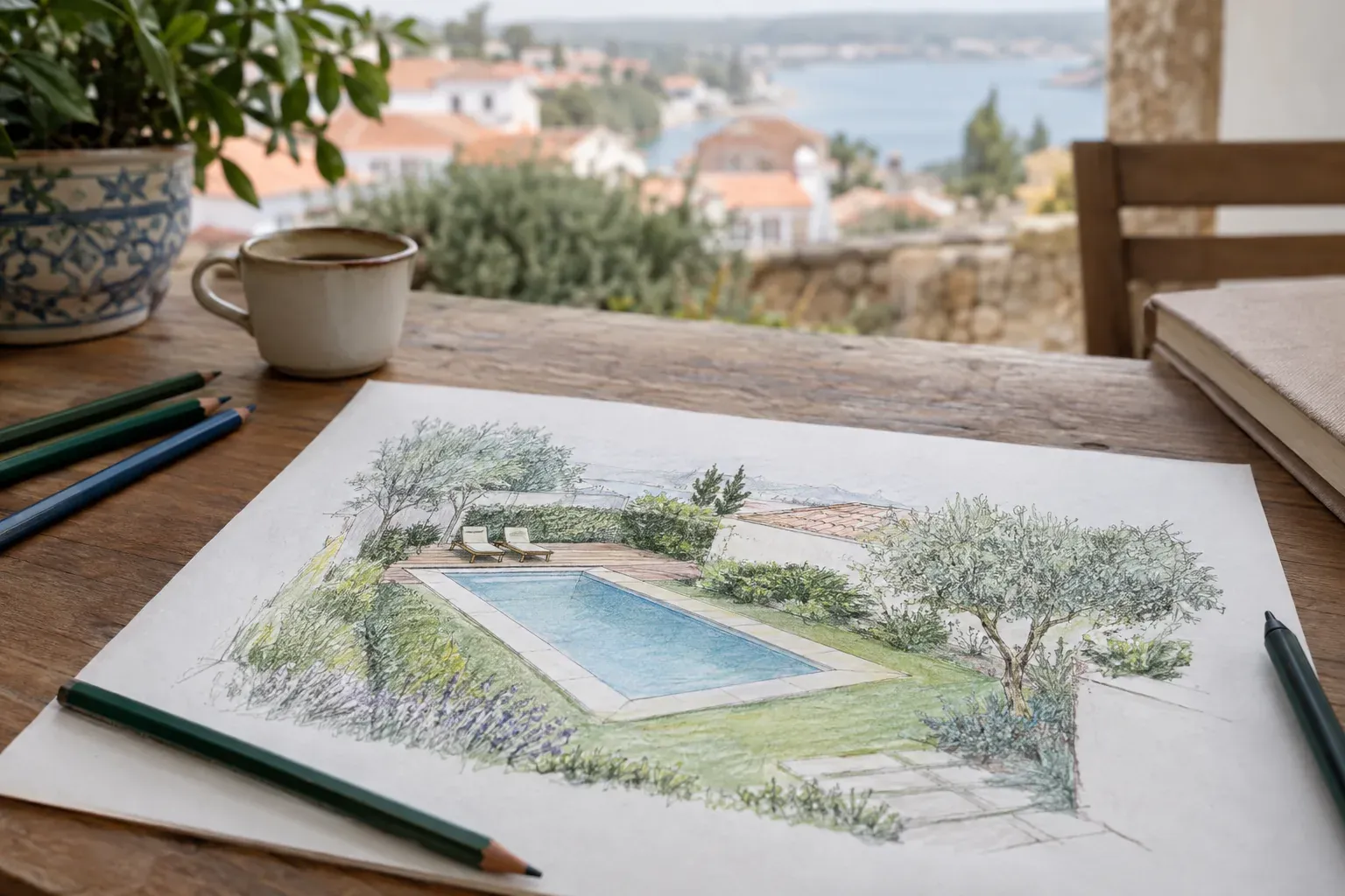 Desenho a lápis e aguarela de um quintal com piscina retangular, sobre uma mesa de madeira.