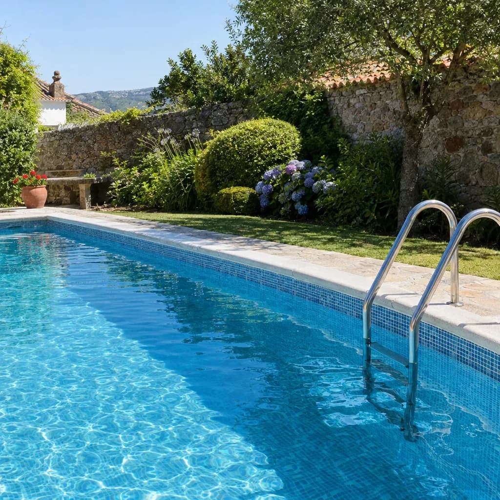 Água limpa de uma piscina, com escada e azulejos visíveis, num jardim com muro de pedra.