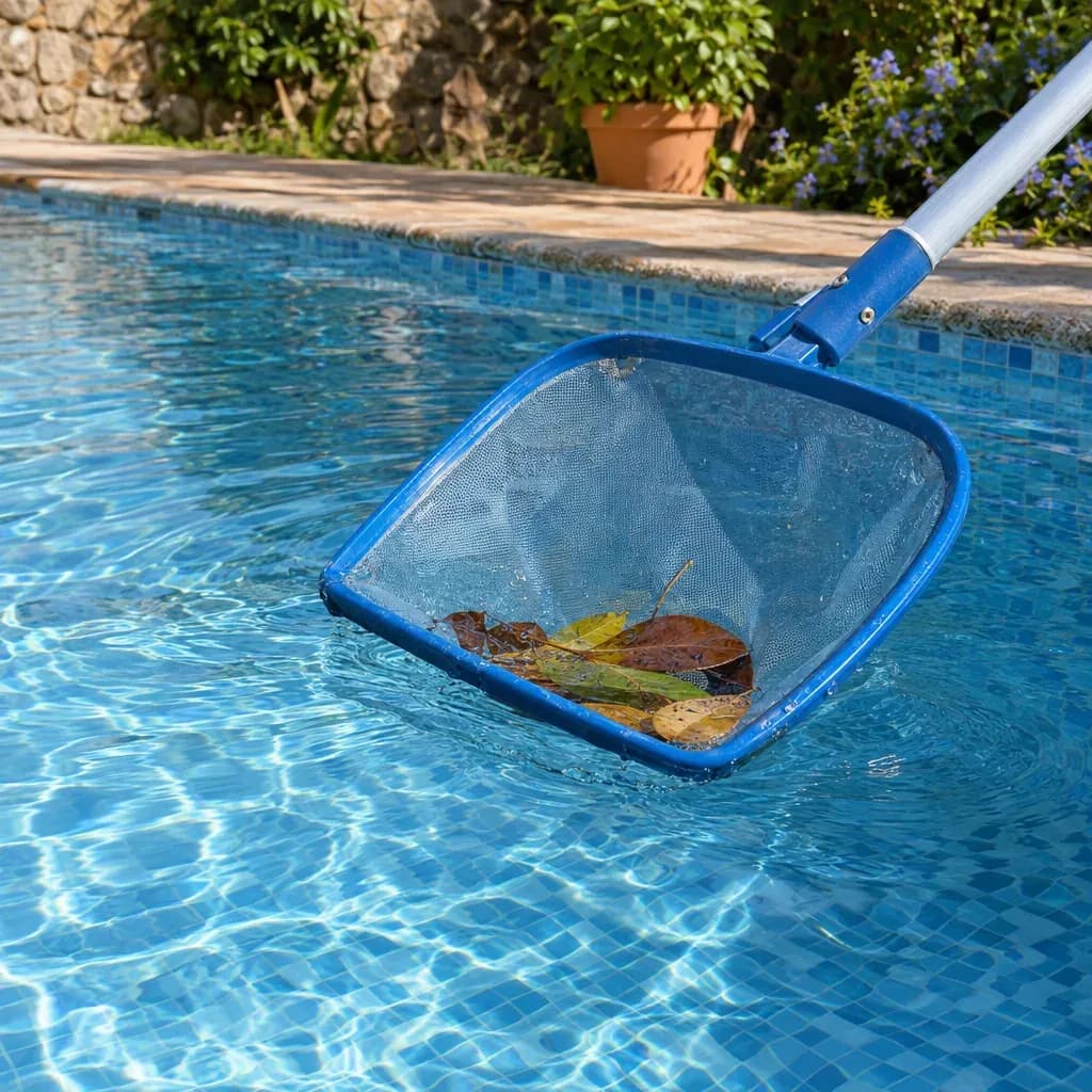 Rede de limpeza a retirar folhas da água azul de uma piscina, com azulejos visíveis.