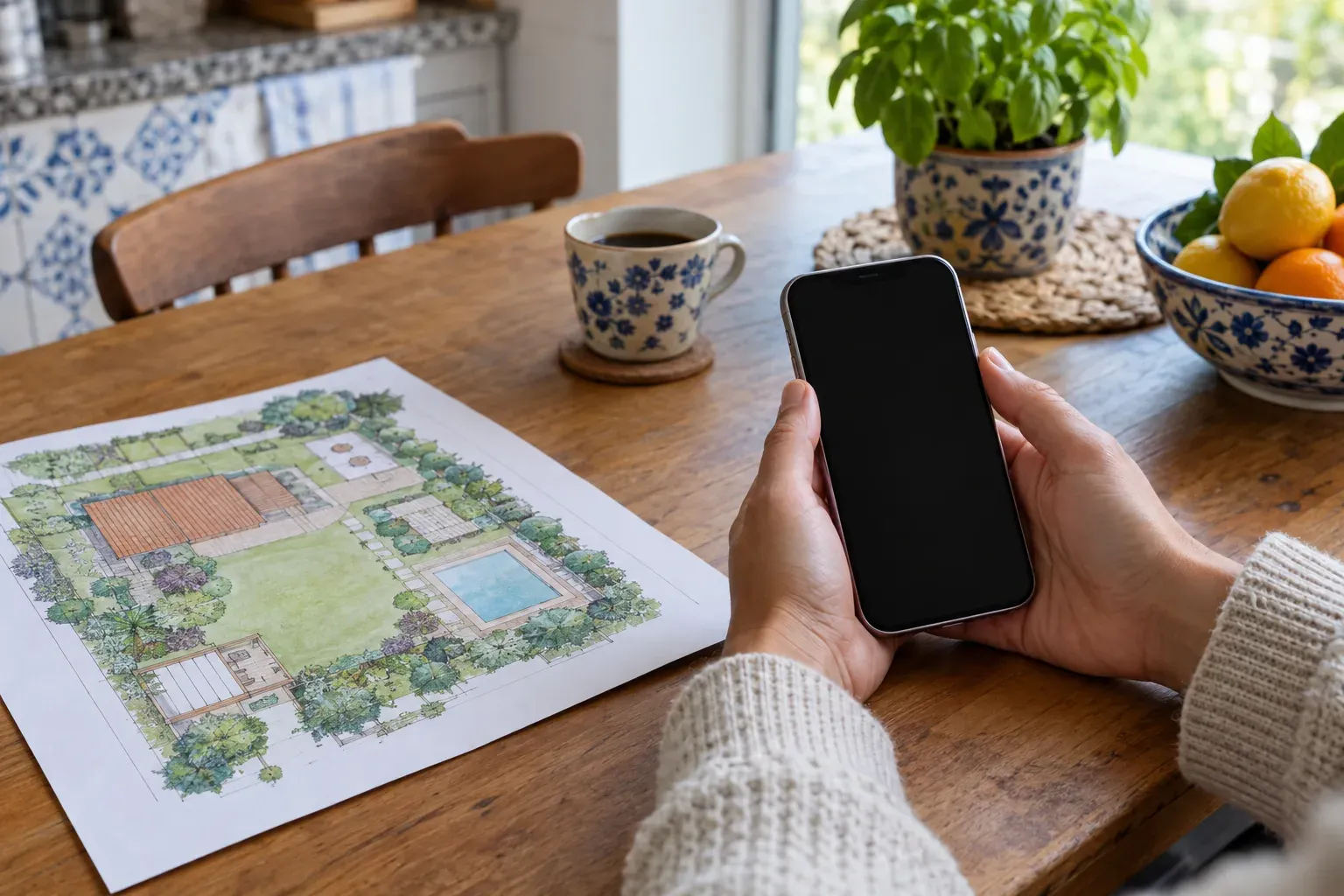 Mãos a segurar um telemóvel sobre uma mesa de cozinha, com um desenho de jardim e piscina ao lado.