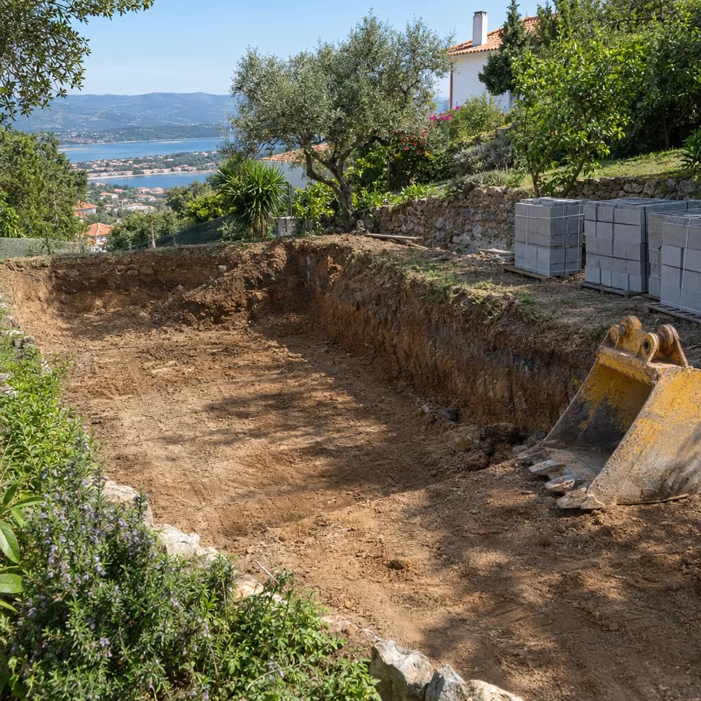 Escavação para uma piscina num terreno inclinado, com uma máquina e blocos empilhados ao lado.