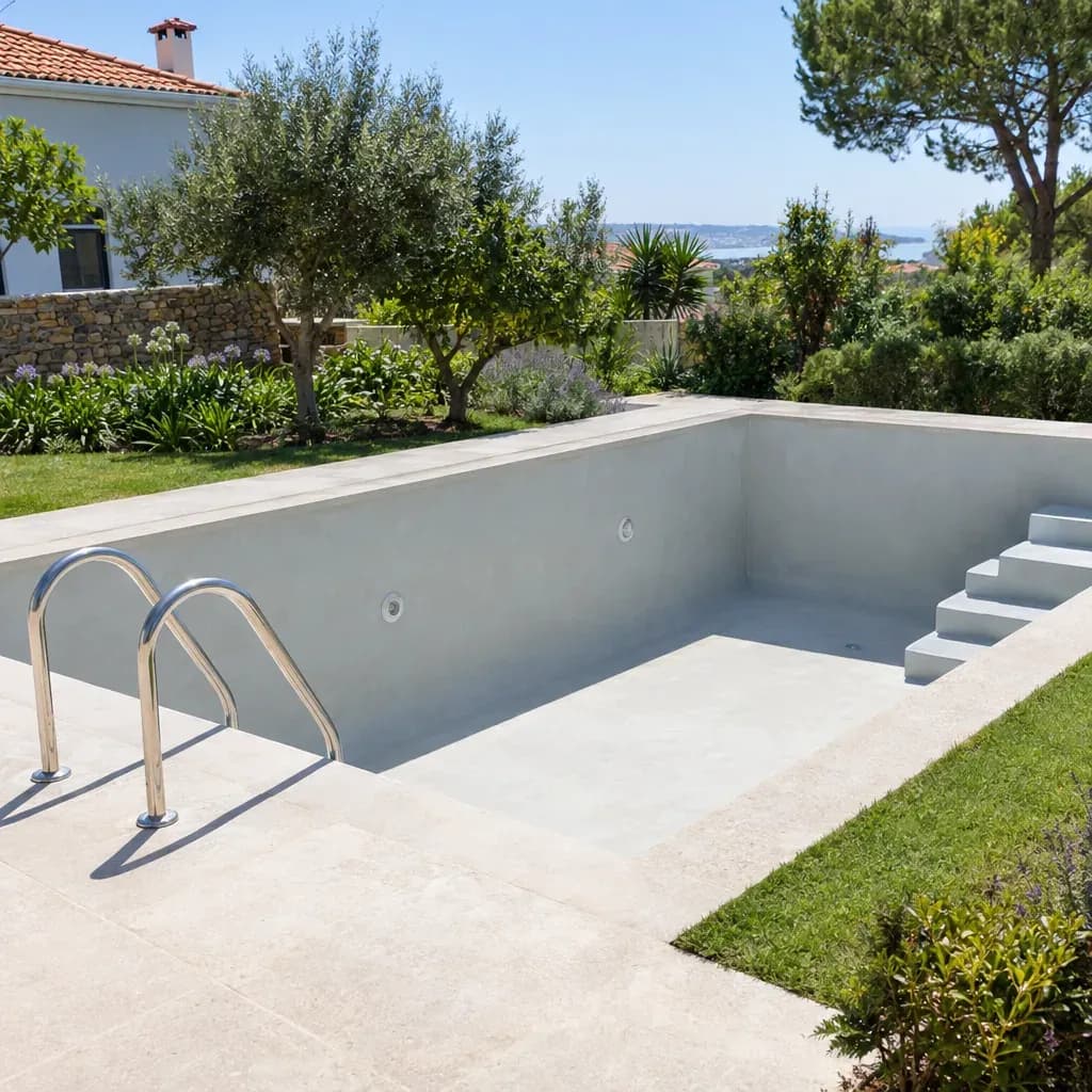 Piscina de betão vazia, com acabamento liso cinzento-claro e escada de aço inox.