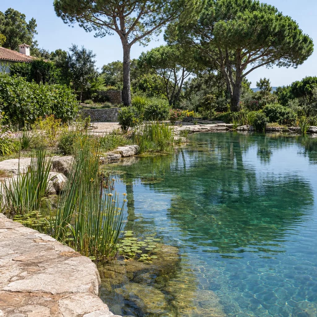 Piscina natural com borda de pedra, plantas aquáticas e água transparente, com pinheiros ao fundo.