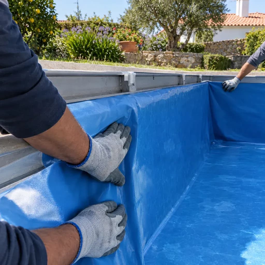 Mãos com luvas a segurar um forro azul de vinil contra as paredes metálicas de uma piscina.